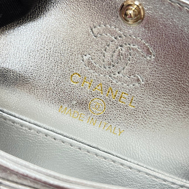 CHANEL 25S FLAP CHARM BAG 13 IN SILVER METALLIC LAMBSKIN
