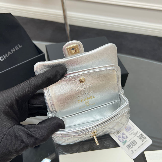 CHANEL 25S FLAP CHARM BAG 13 IN SILVER METALLIC LAMBSKIN