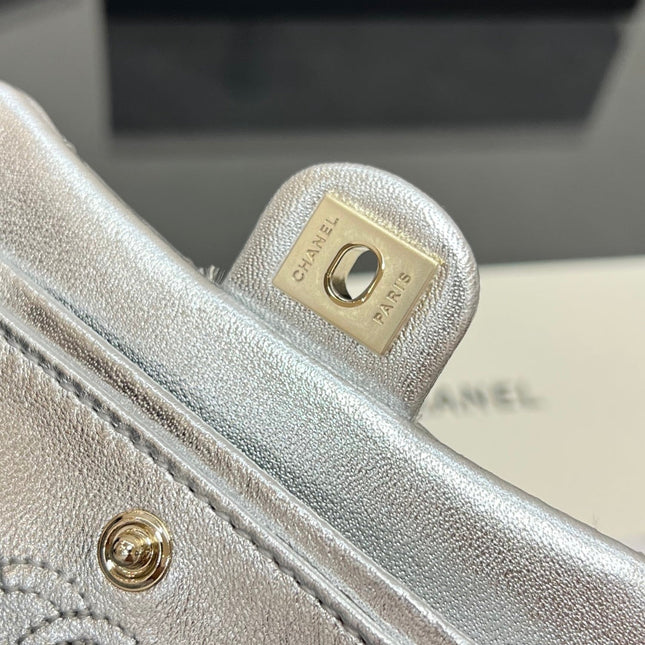 CHANEL 25S FLAP CHARM BAG 13 IN SILVER METALLIC LAMBSKIN