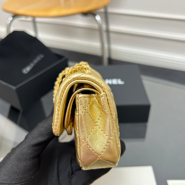 CHANEL 25S FLAP CHARM BAG 13 IN GOLD METALLIC LAMBSKIN