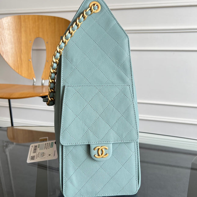 CHANEL 25S HOBO BAG 40 IN SOFT TEAL BLUE CAVIAR WITH GOLD HARDWARE