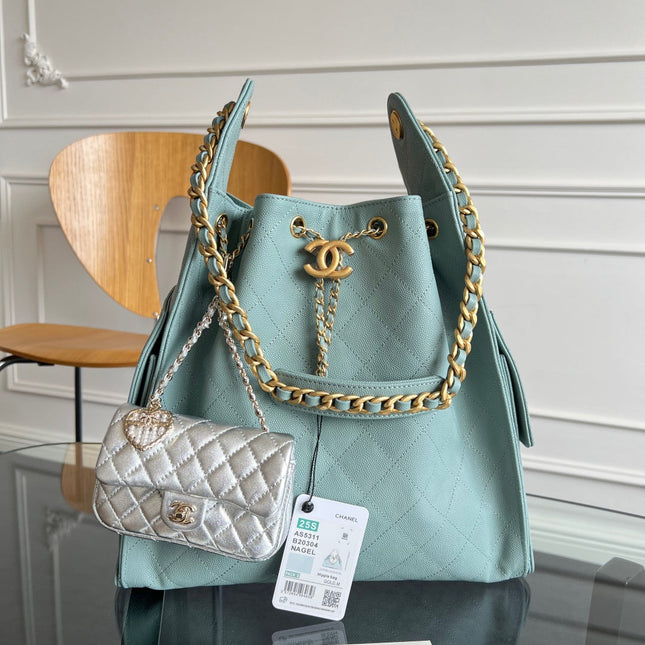 CHANEL 25S HOBO BAG 40 IN SOFT TEAL BLUE CAVIAR WITH GOLD HARDWARE