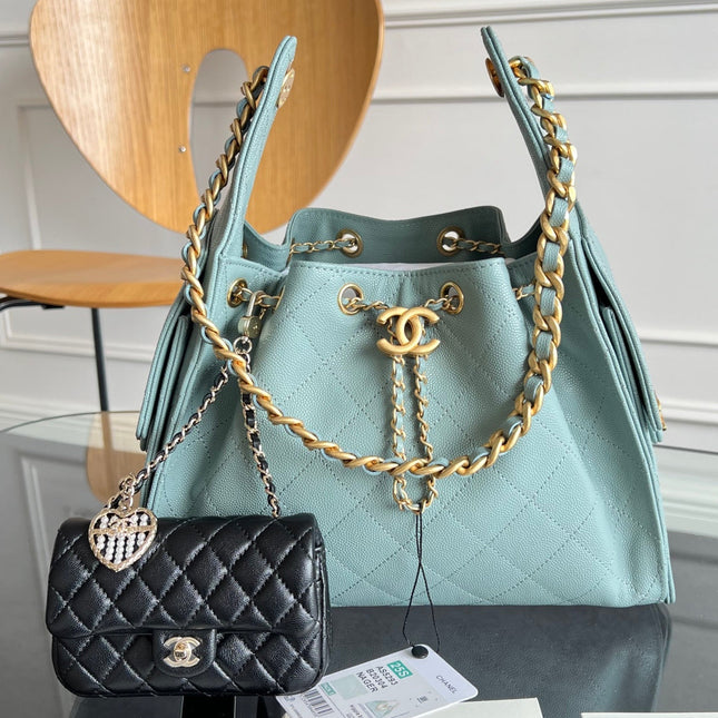 CHANEL 25S HOBO BAG 30 IN SOFT TEAL BLUE CAVIAR WITH GOLD HARDWARE