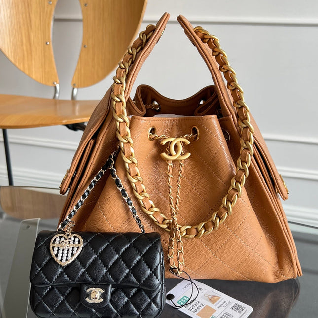 CHANEL 25S HOBO BAG 30 IN CARAMEL BROWN CAVIAR WITH GOLD HARDWARE