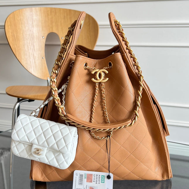 CHANEL 25S HOBO BAG 40 IN CARAMEL BROWN CAVIAR WITH GOLD HARDWARE