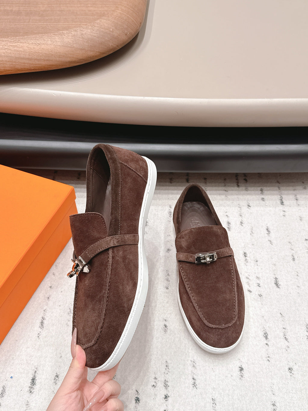 HM 26S KELLY PARIS LOAFERS IN DARK BROWN SUEDE SILVER HARDWARE