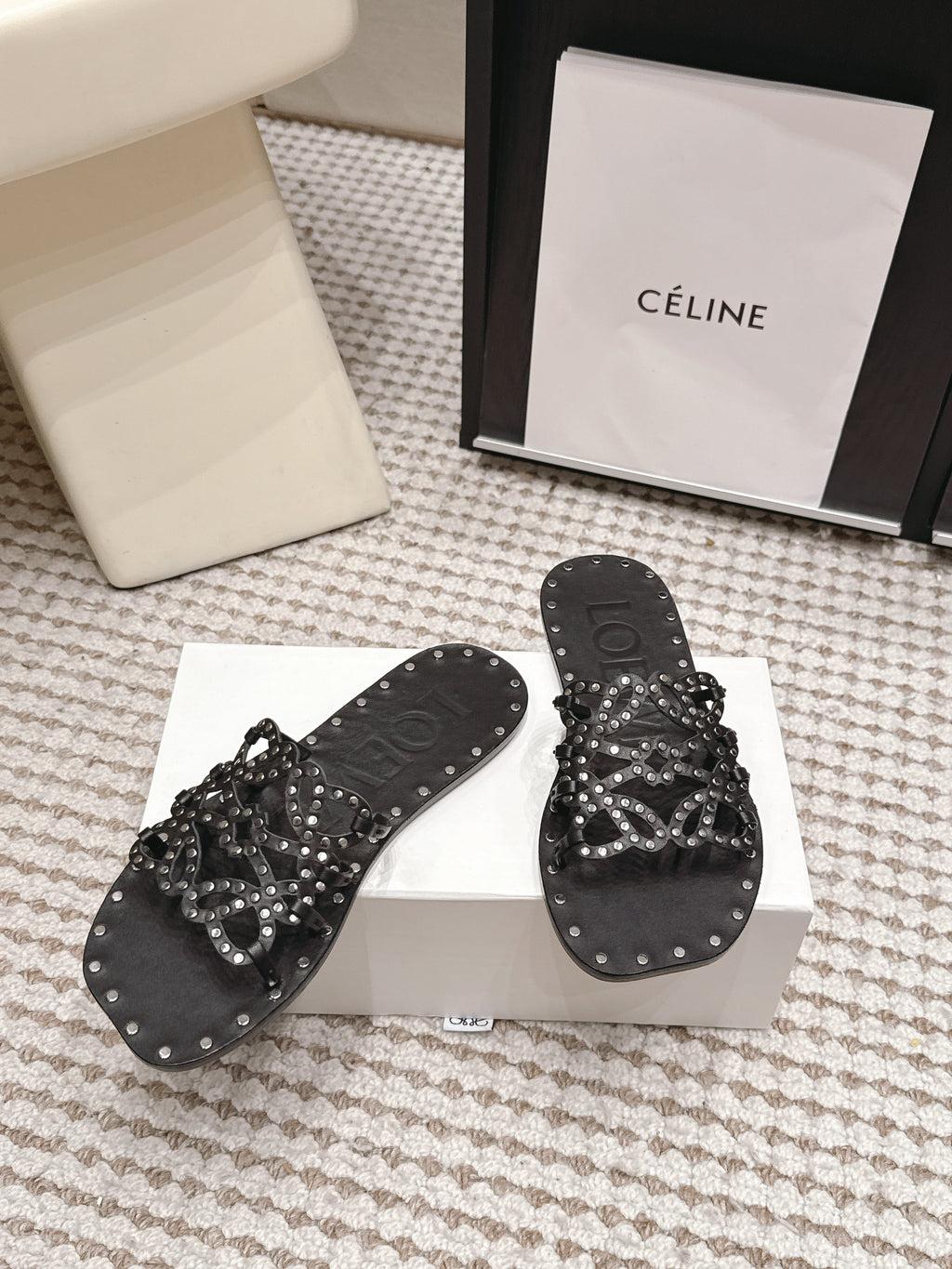 LOEWE 26S PETAL ANAGRAM SLIDE IN BLACK CALFSKIN WITH STUDS