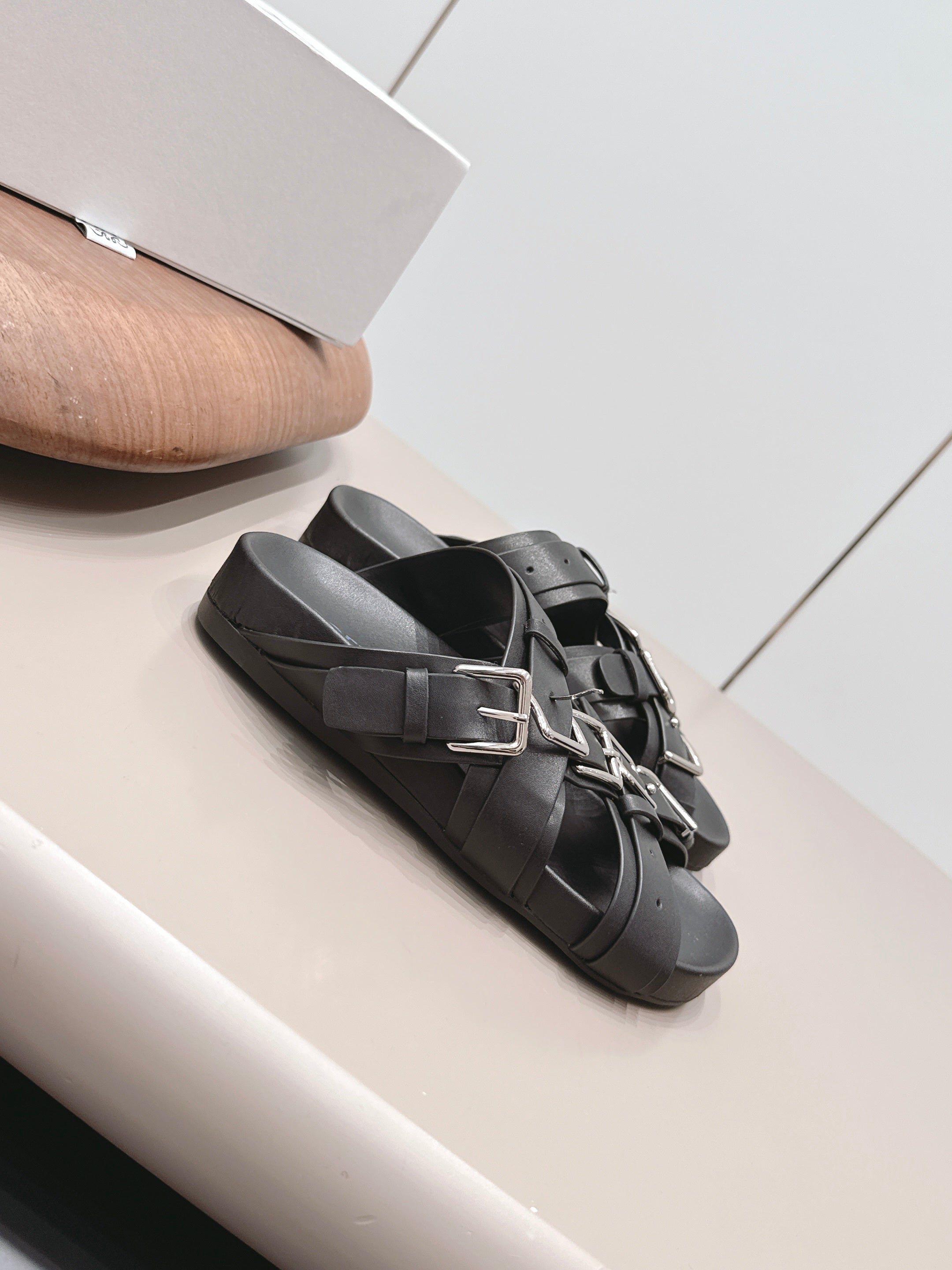 LOEWE 26S BUCKLE SLIDES IN BLACK CALFSKIN SILVER HARDWARE