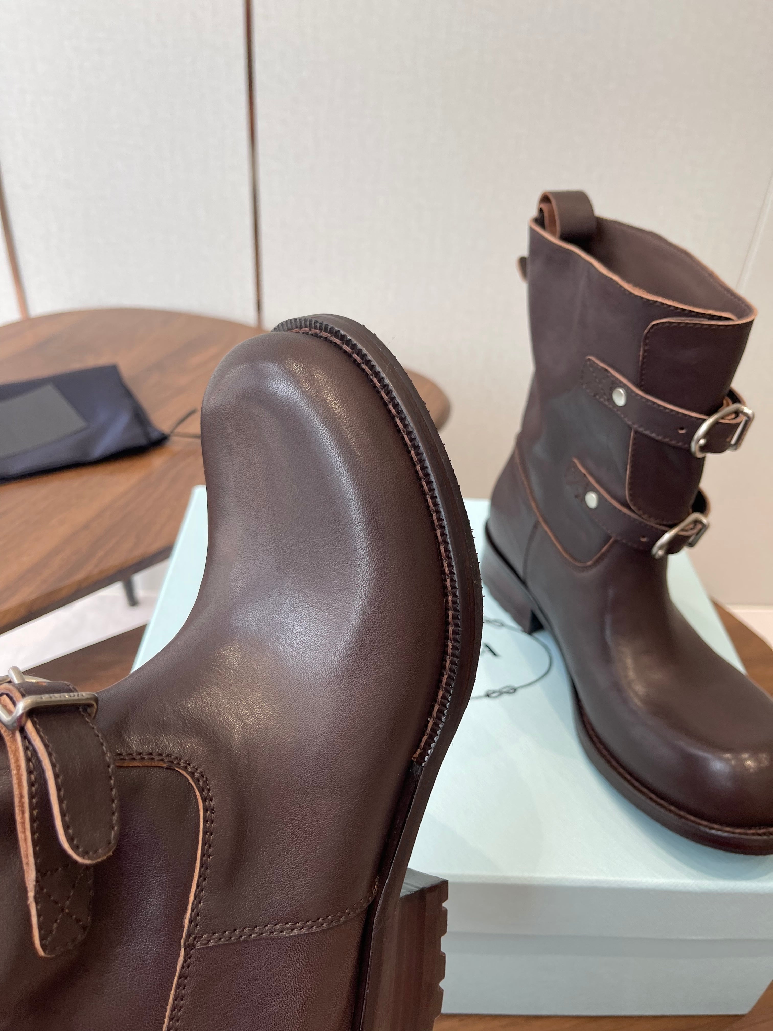 PRADA 25S TWO-BUTTON COWBOY BOOTS IN DARK BROWN CALFSKIN WITH SILVER HARDWARE
