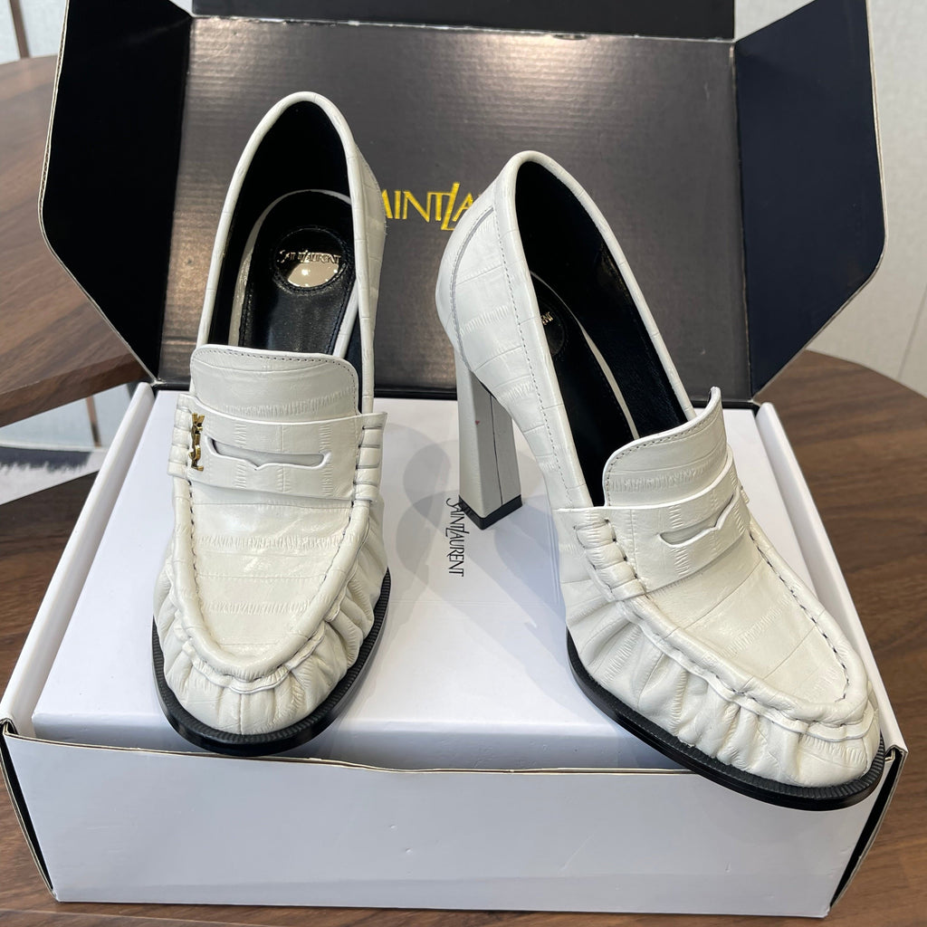 YSL 26S HEELED LOAFERS 100 MM IN WHITE CALFSKIN
