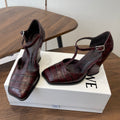 LOEWE 26S ONDA 90MM T-STRAP HIGH-HEEL SHOES IN WINE RED EMBOSSED CROCODILE CALFSKIN