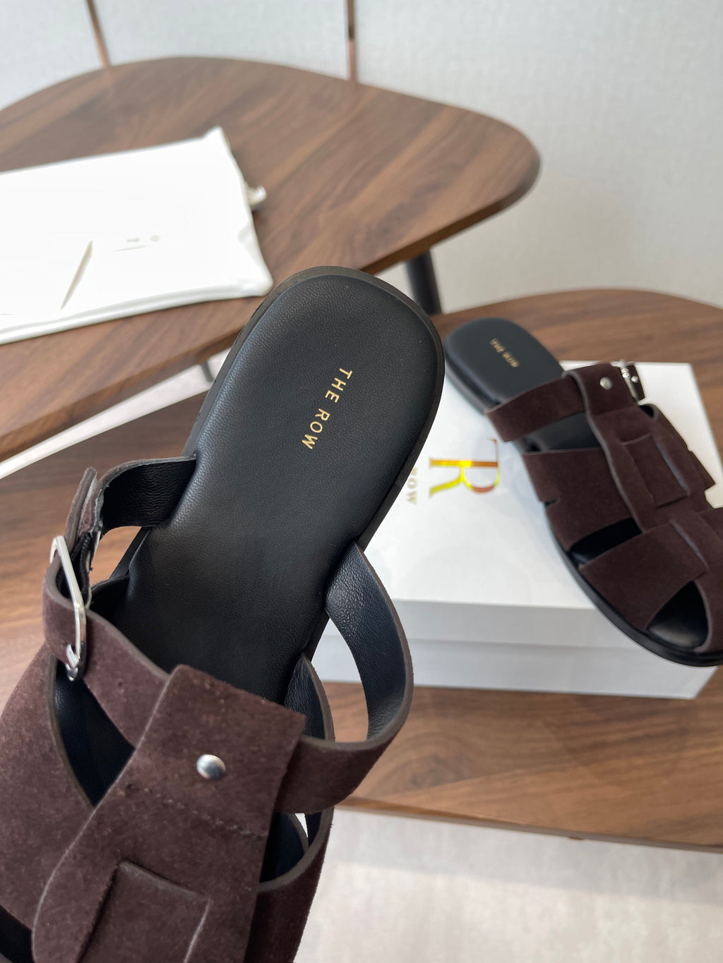 THE ROW 26S GLADIATOR SLIDE SANDALS IN DARK BROWN SUEDE