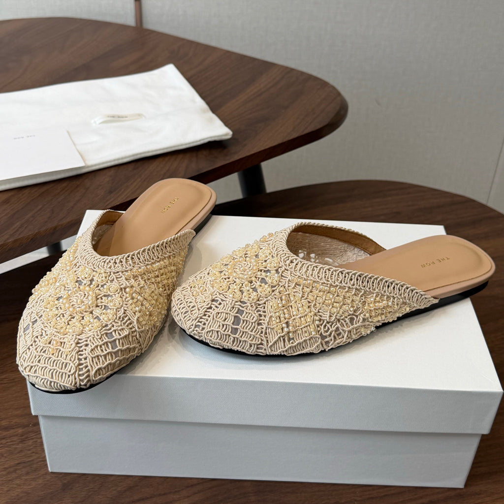 THE ROW 26S PEARL EMBELLISHED CROCHET MULE FLATS IN IVORY WHITE