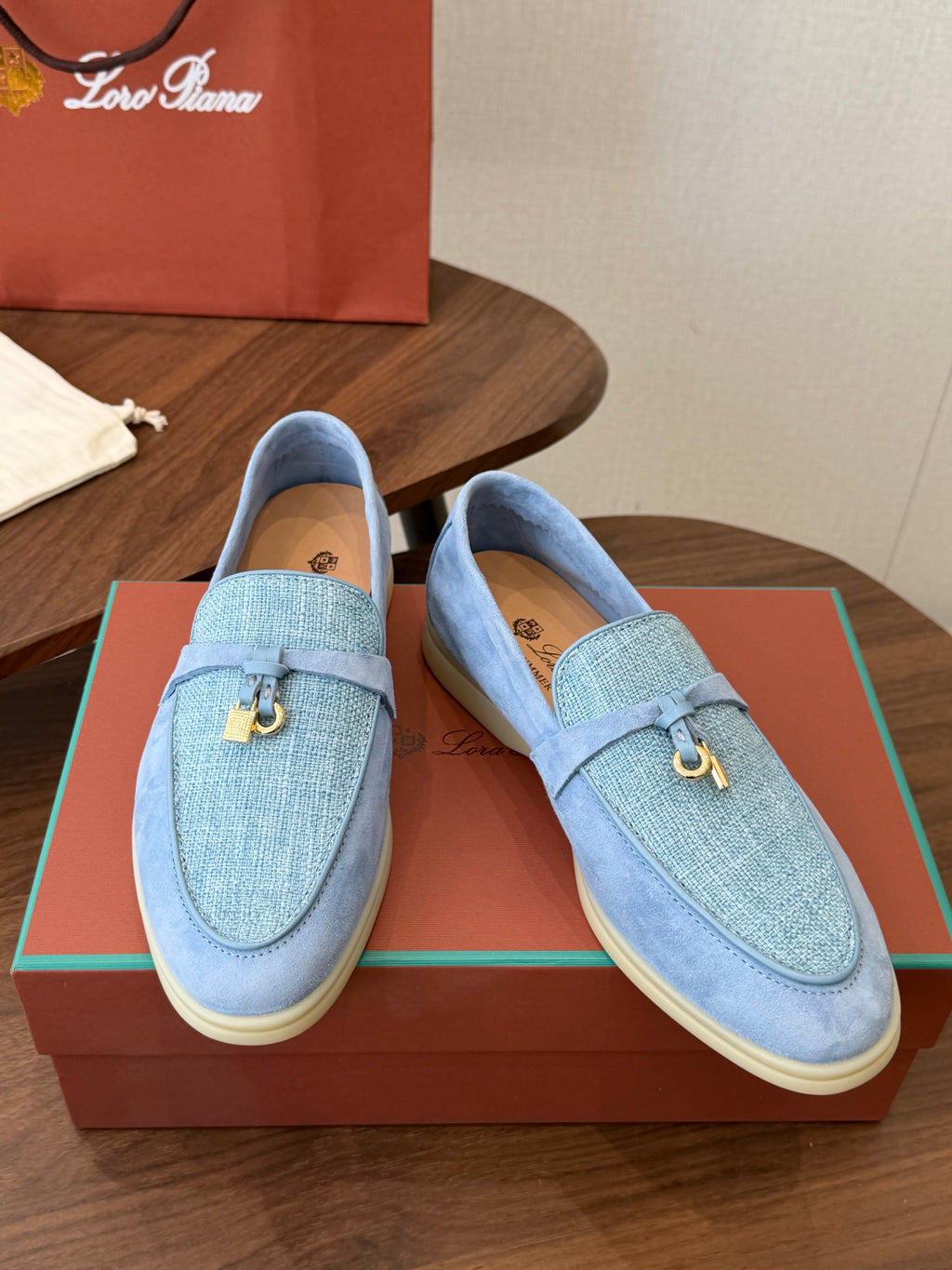 LP 26S LOAFERS IN LIGHT BLUE SUEDE & FABRIC GOLD HARDWARE
