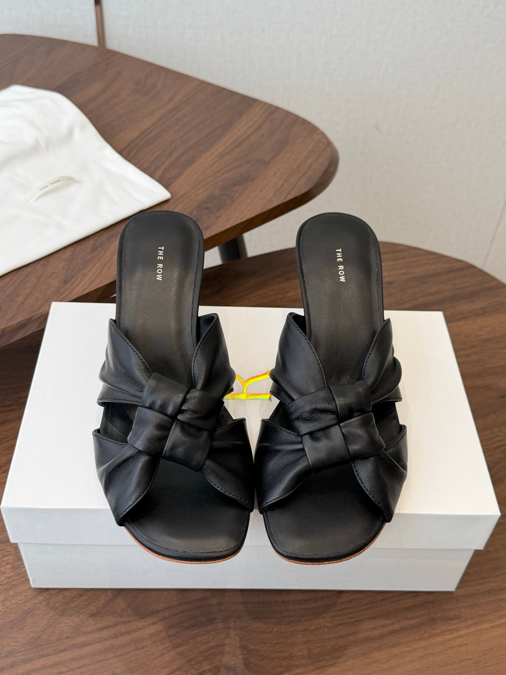 THE ROW 26S KNOT HEELED SLIDE SANDALS 35MM IN BLACK LAMBSKIN
