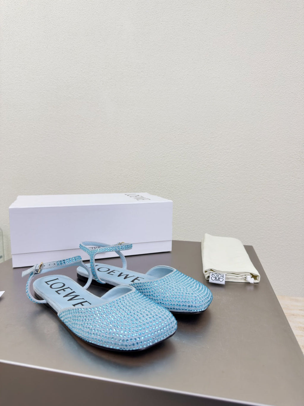 LOEWE 26S CRYSTAL-EMBELLISHED SLINGBACK FLAT PUMPS IN LIGHT BLUE CALFSKIN