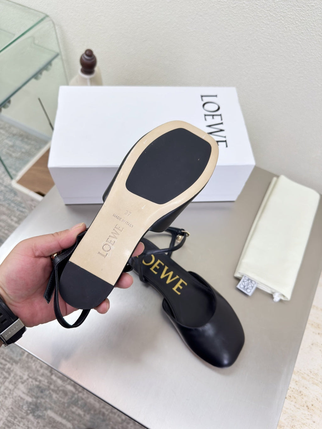 LOEWE 26S SLINGBACK FLAT PUMPS IN BLACK CALFSKIN