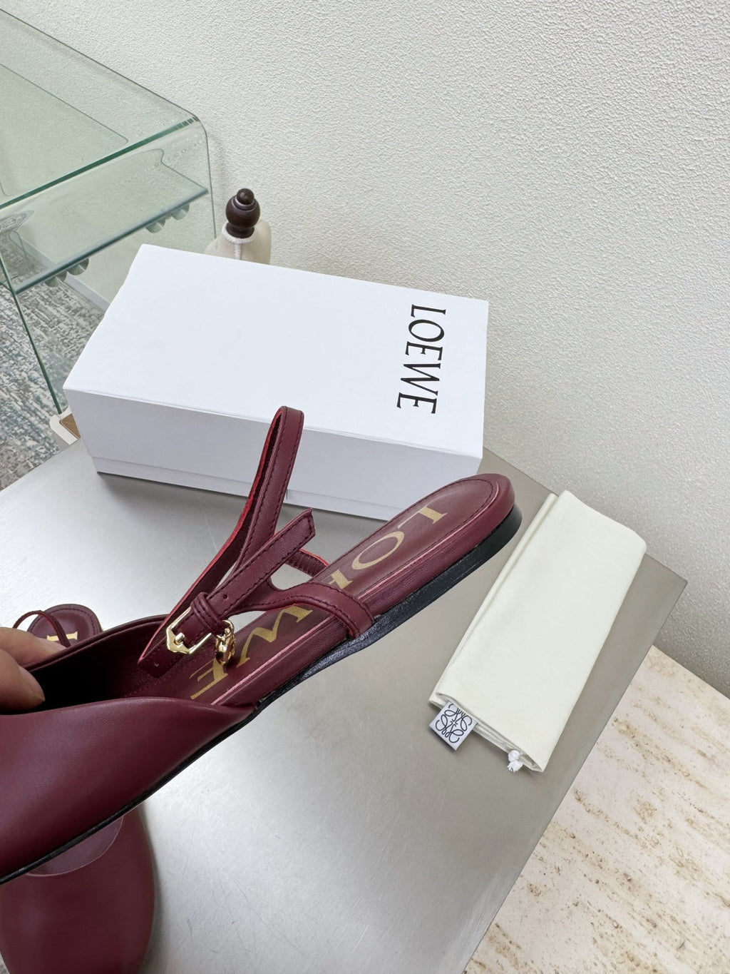 LOEWE 26S SLINGBACK FLAT PUMPS IN BURGUNDY RED CALFSKIN
