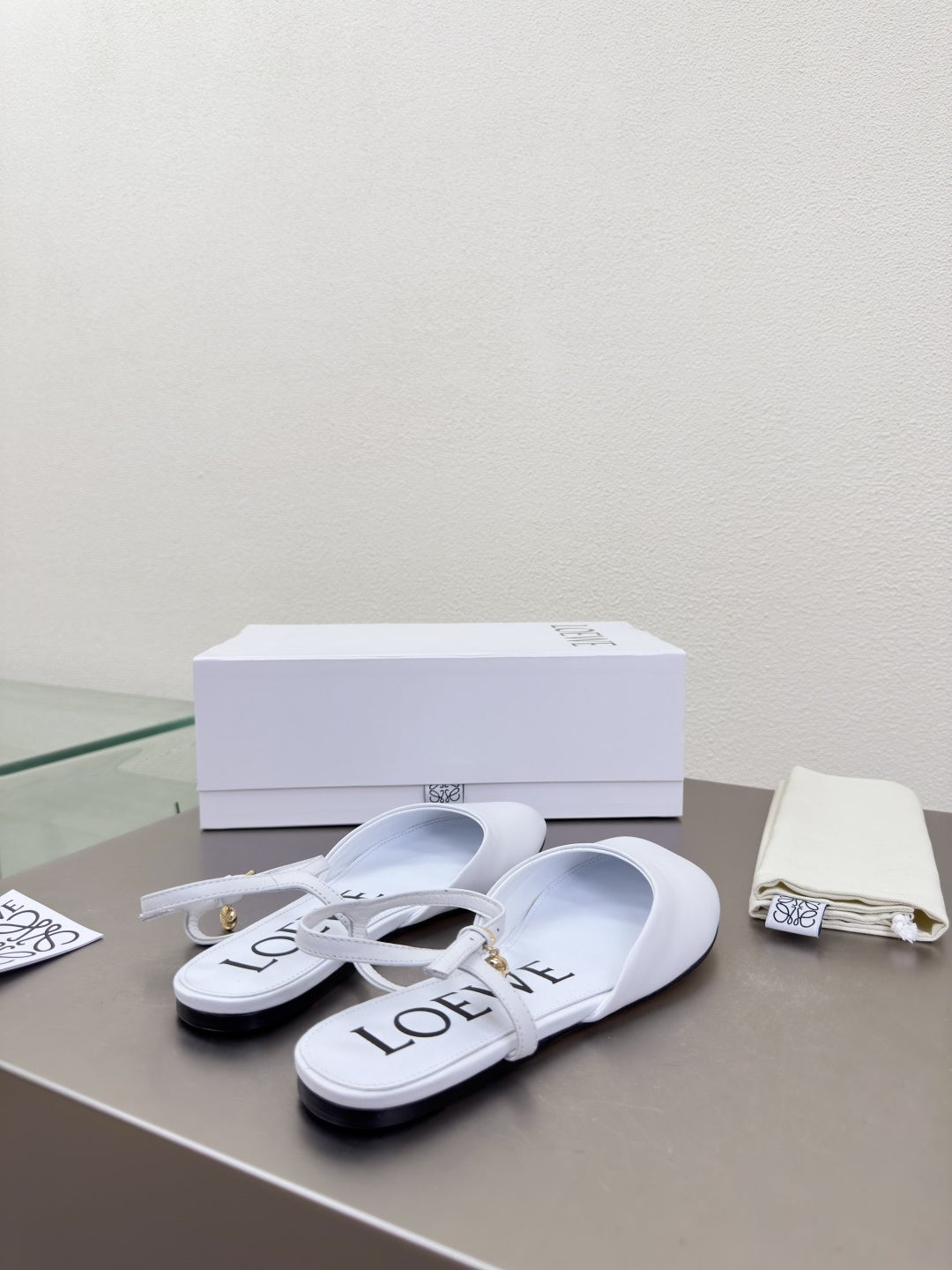 LOEWE 26S SLINGBACK FLAT PUMPS IN WHITE CALFSKIN