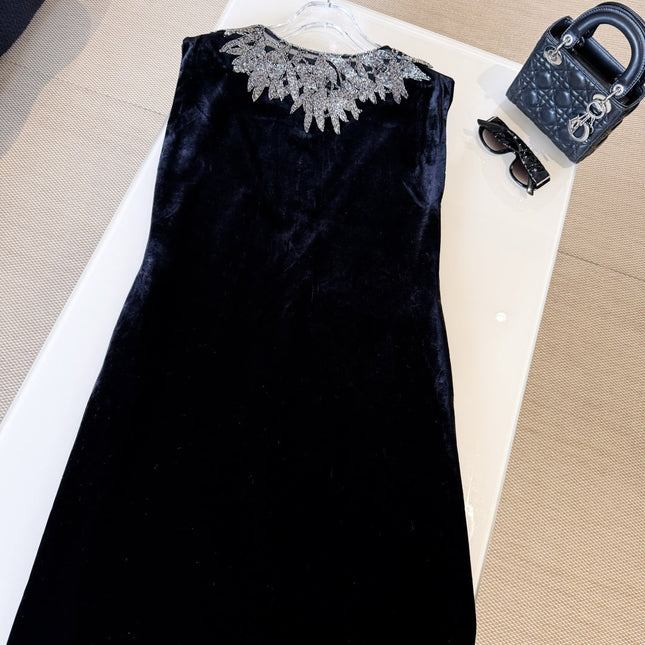 DIOR 25S EMBELLISHED-NECK BLACK VELVET DRESS 722