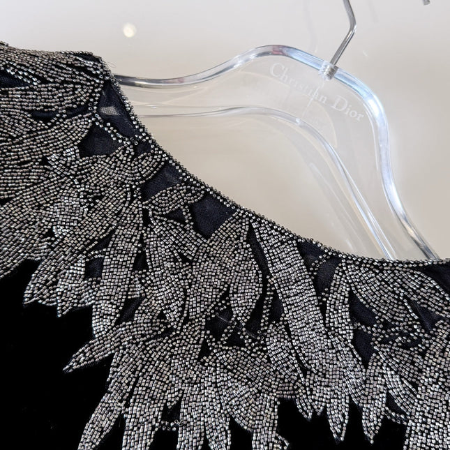 DIOR 25S EMBELLISHED-NECK BLACK VELVET DRESS 722