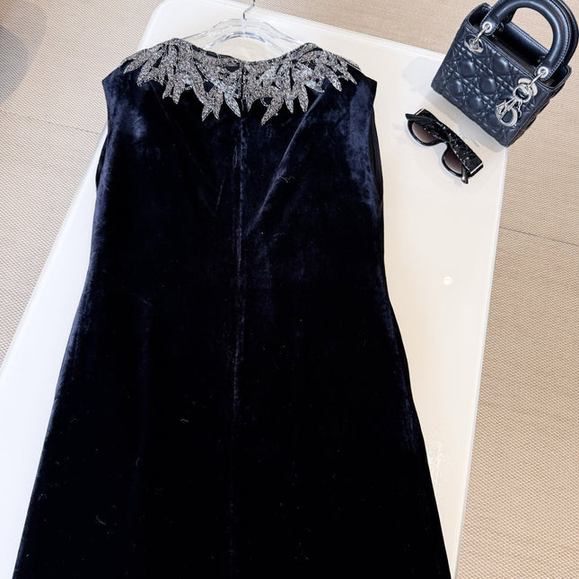 DIOR 25S EMBELLISHED-NECK BLACK VELVET DRESS 722