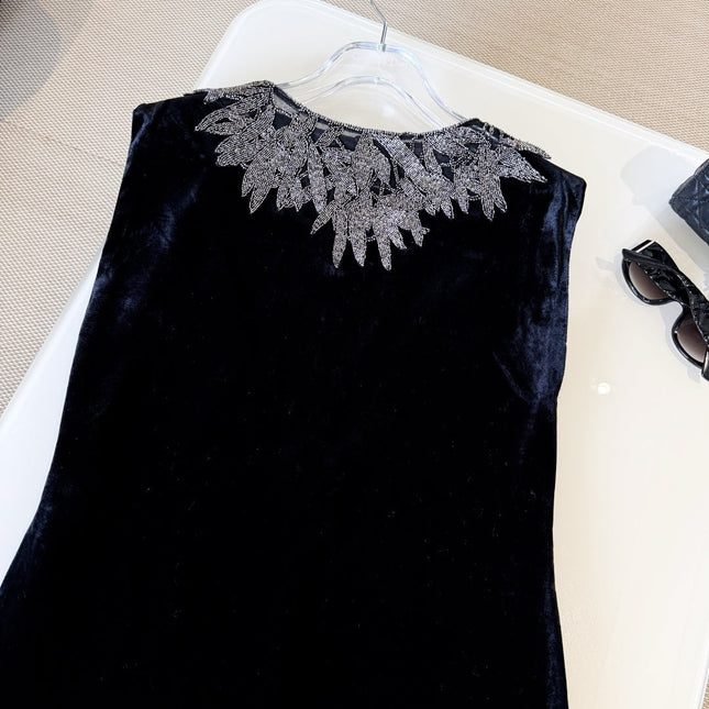 DIOR 25S EMBELLISHED-NECK BLACK VELVET DRESS 722