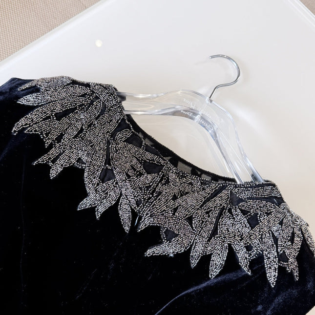 DIOR 25S EMBELLISHED-NECK BLACK VELVET DRESS 722