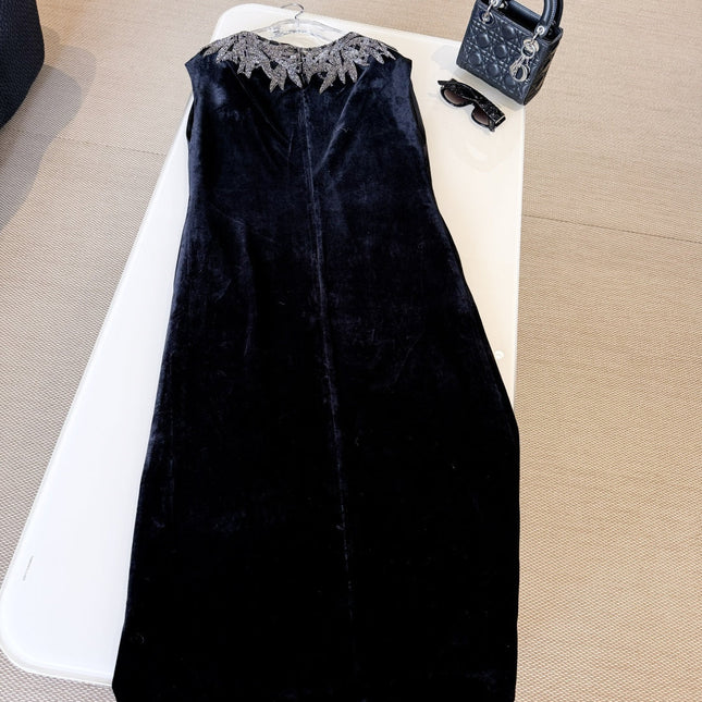 DIOR 25S EMBELLISHED-NECK BLACK VELVET DRESS 722