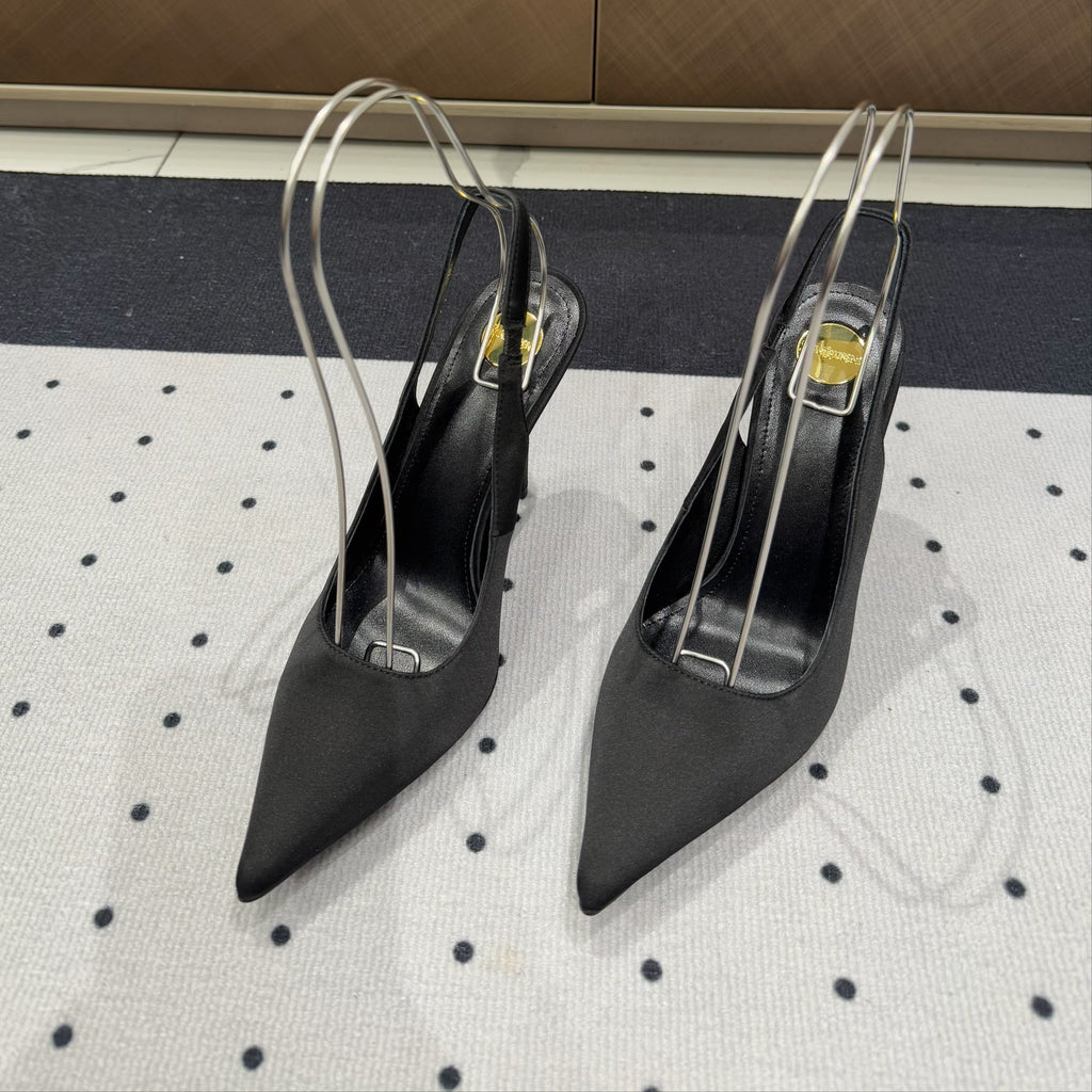 L'ENTRACTE SLINGBACK PUMPS IN BLACK SATIN