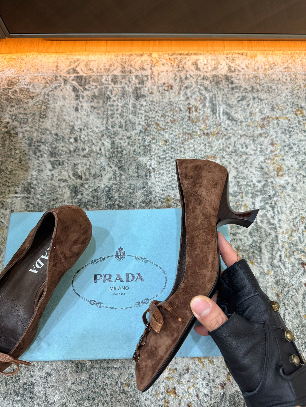 PRADA 26S POINTED TOE LACE UP STUDDED PUMPS 55MM IN DARK BROWN SUEDE