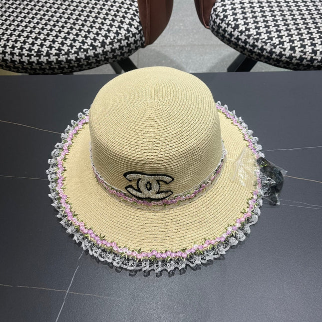 CHANEL 26S LACE & FLORAL TRIM STRAW HAT 337939