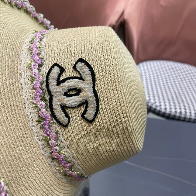 CHANEL 26S LACE & FLORAL TRIM STRAW HAT 337939