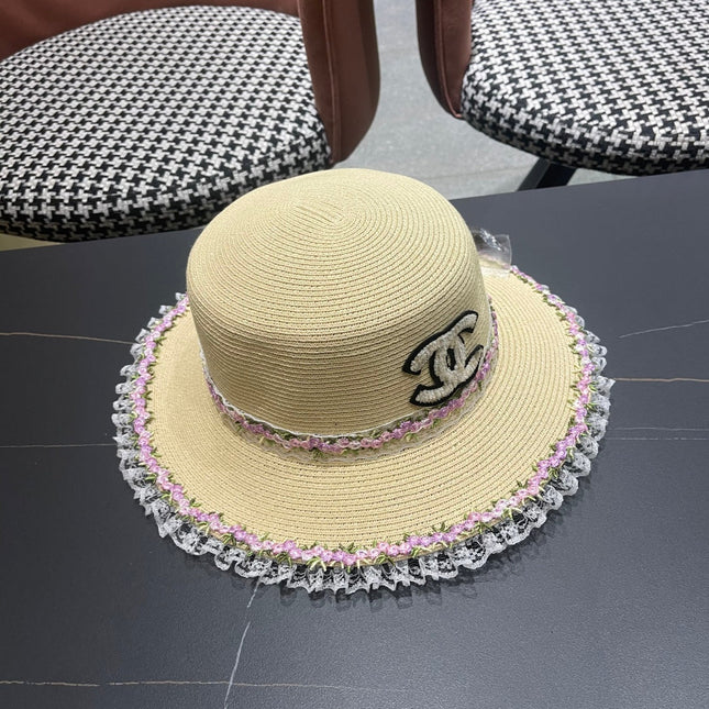 CHANEL 26S LACE & FLORAL TRIM STRAW HAT 337939