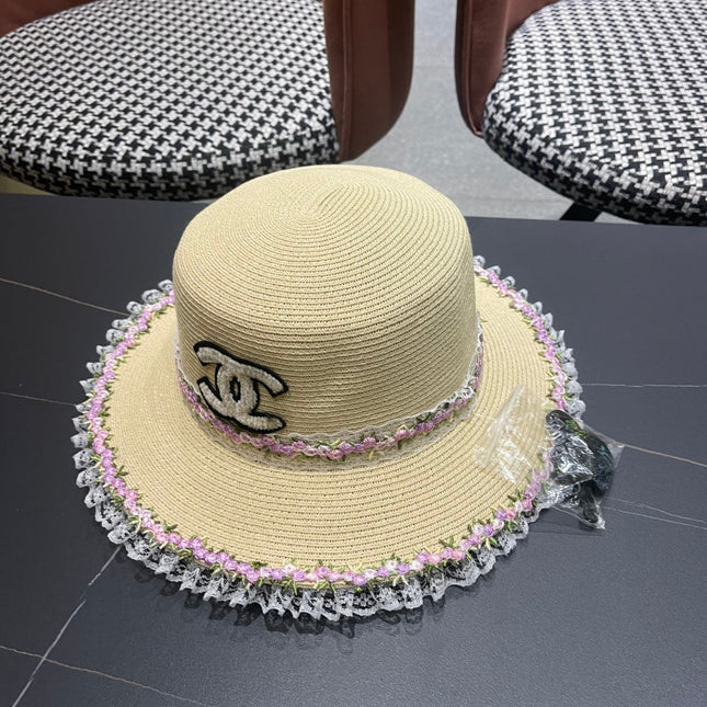 CHANEL 26S LACE & FLORAL TRIM STRAW HAT 337939