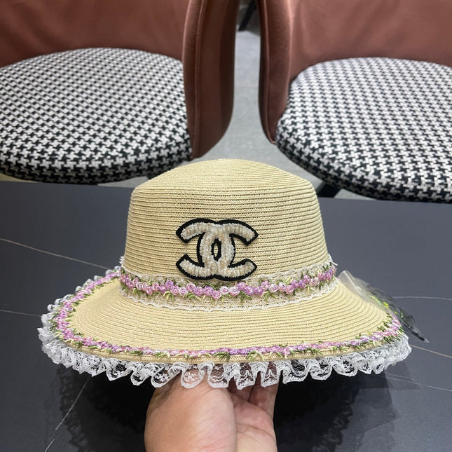 CHANEL 26S LACE & FLORAL TRIM STRAW HAT 337939