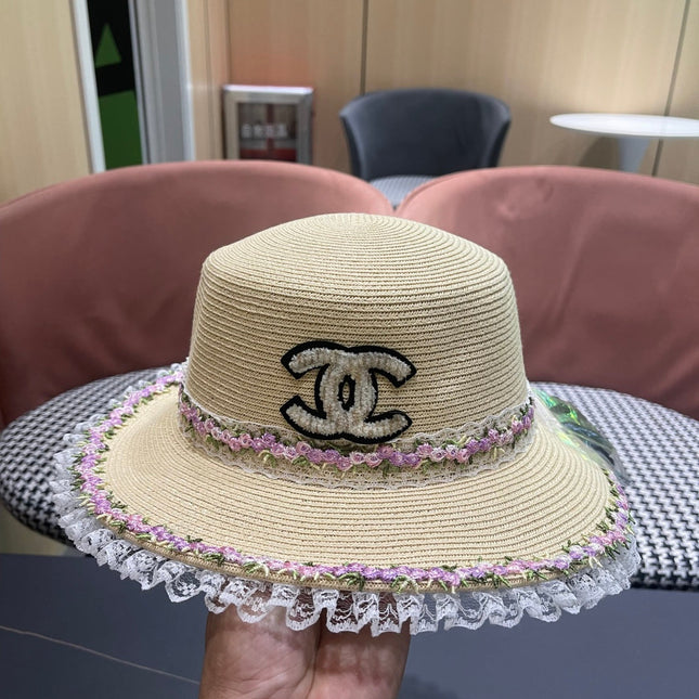 CHANEL 26S LACE & FLORAL TRIM STRAW HAT 337939