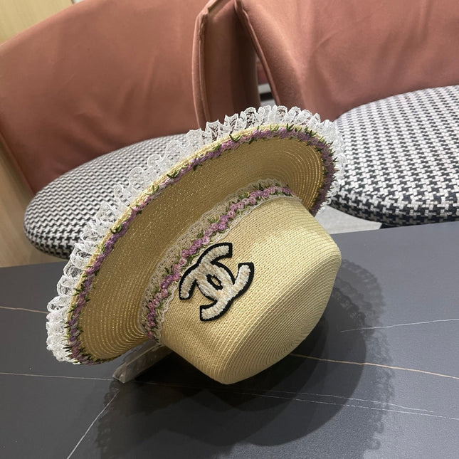 CHANEL 26S LACE & FLORAL TRIM STRAW HAT 337939