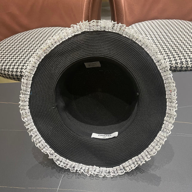CHANEL 26S LACE & FLORAL TRIM STRAW HAT 337938