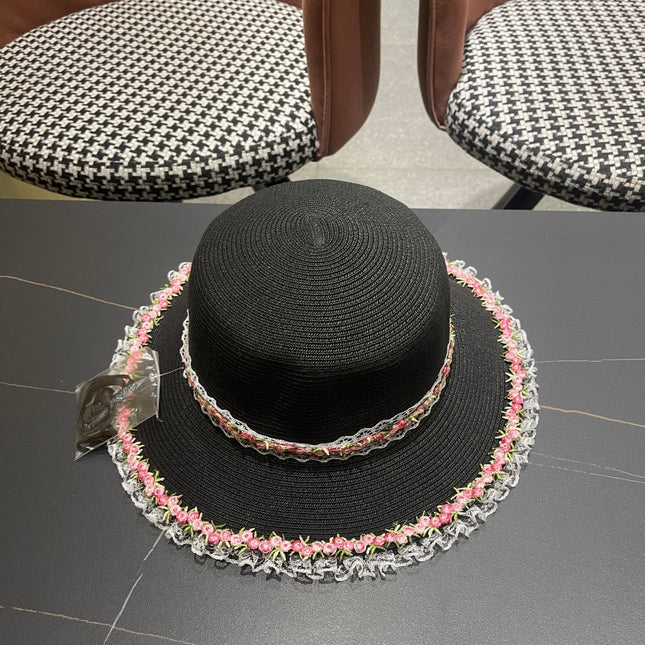 CHANEL 26S LACE & FLORAL TRIM STRAW HAT 337938