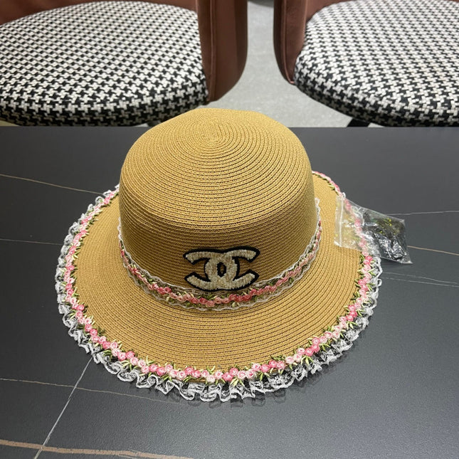 CHANEL 26S LACE & FLORAL TRIM STRAW HAT 337937