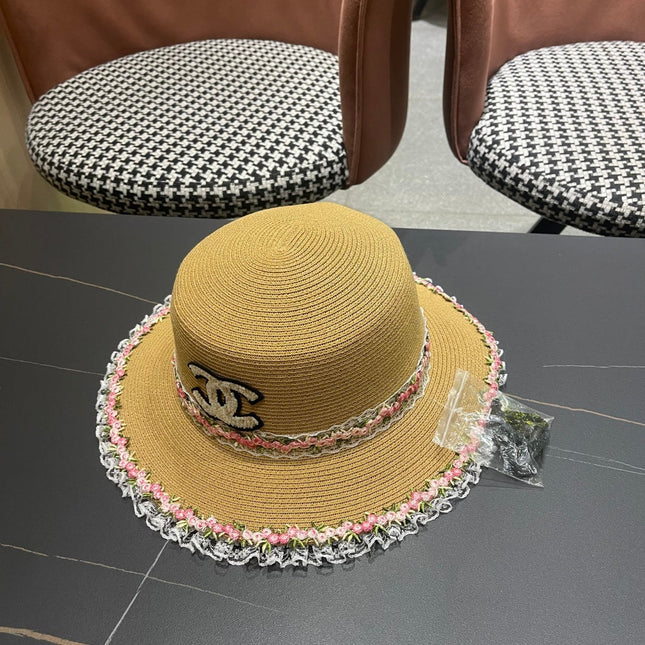 CHANEL 26S LACE & FLORAL TRIM STRAW HAT 337937