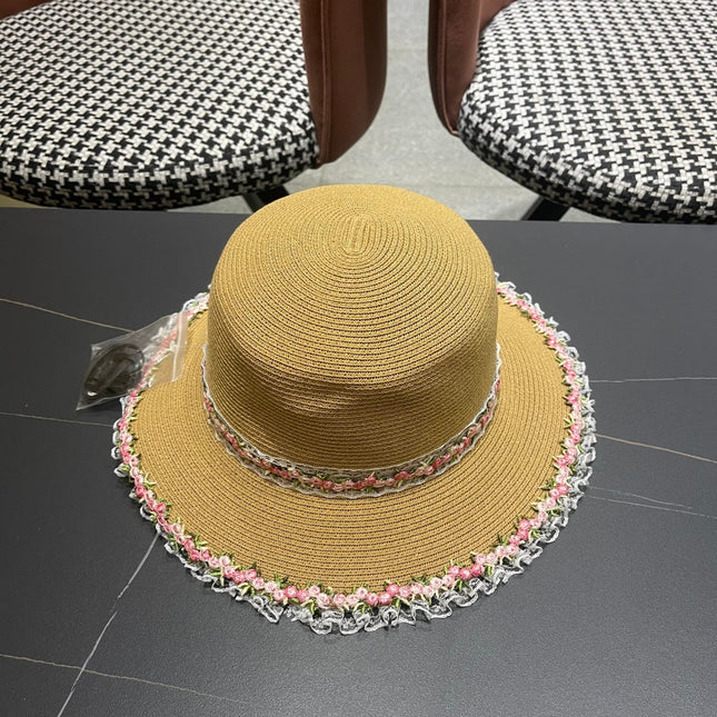 CHANEL 26S LACE & FLORAL TRIM STRAW HAT 337937