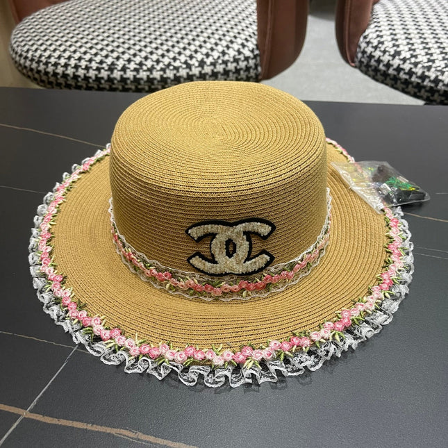CHANEL 26S LACE & FLORAL TRIM STRAW HAT 337937