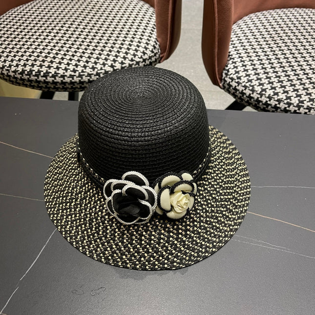 CHANEL 26S FLORAL-EMBELLISHED STRAW HAT 337940