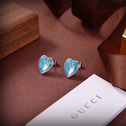 GUCCI 26S GG HEART ENAMEL STUD EARRINGS IN SILVER TONE METAL 624258