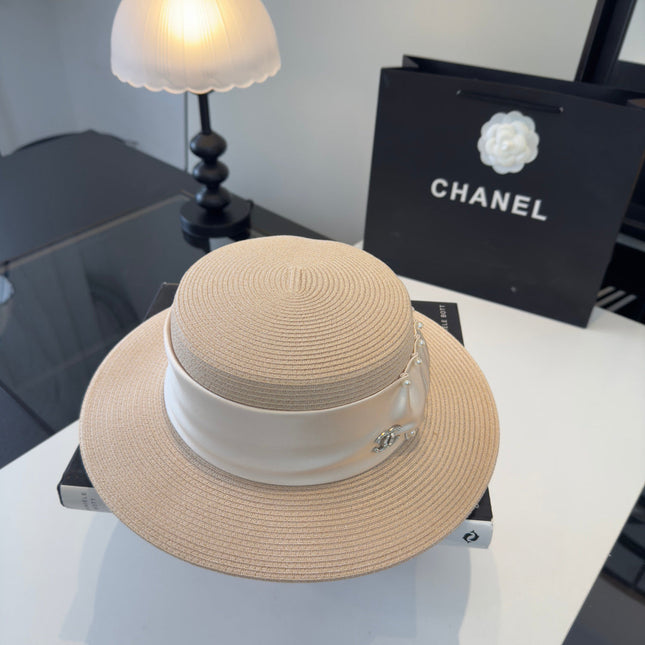 CHANEL 26S RIBBON-EMBELLISHED STRAW BOATER HAT 335893