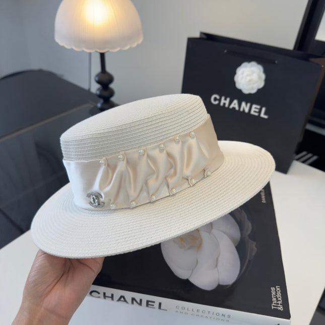 CHANEL 26S RIBBON-EMBELLISHED STRAW BOATER HAT 335894