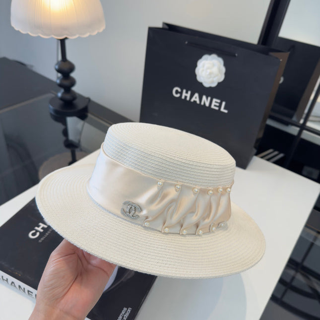 CHANEL 26S RIBBON-EMBELLISHED STRAW BOATER HAT 335894