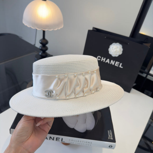 CHANEL 26S RIBBON-EMBELLISHED STRAW BOATER HAT 335894